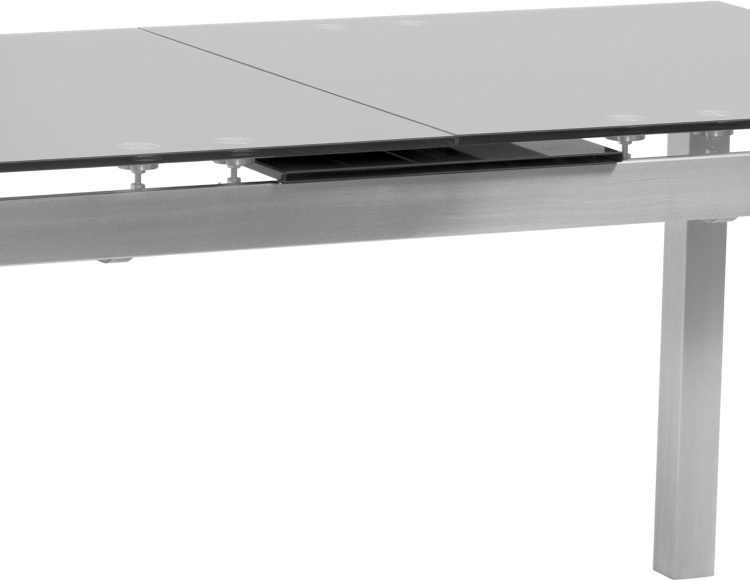 Armen Living IvanExtendable Dining Table in Brushed Stainless Steel and Gray Tempered Glass Top: Modern Self-Storing Leaf, Seats 6