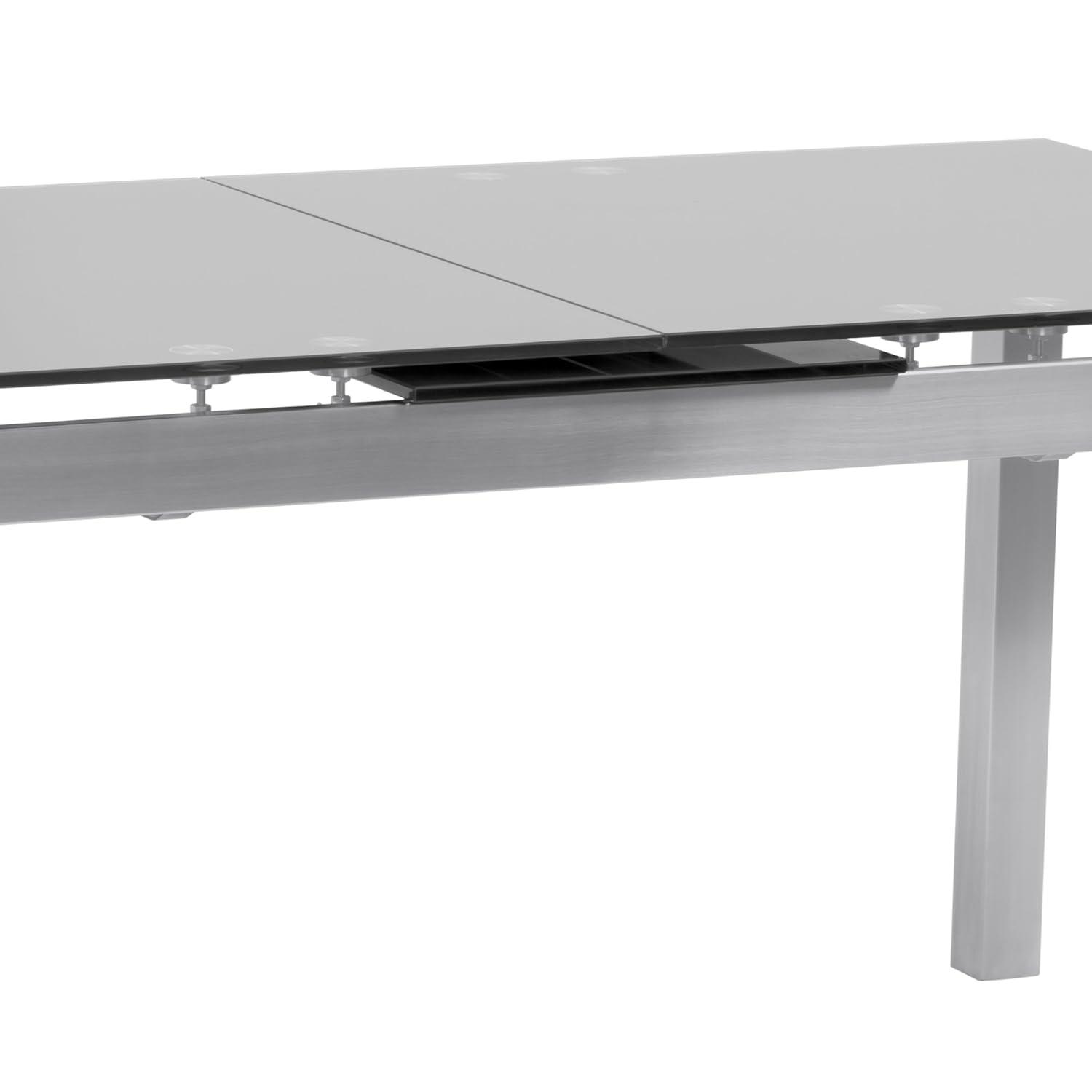 Armen Living IvanExtendable Dining Table in Brushed Stainless Steel and Gray Tempered Glass Top: Modern Self-Storing Leaf, Seats 6