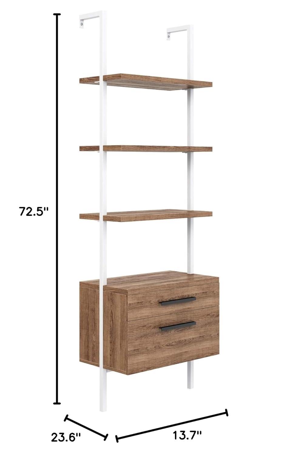 Nathan James Theo Open Shelf Bookcase with Drawers in Rustic Oak Wood and White Steel Frame