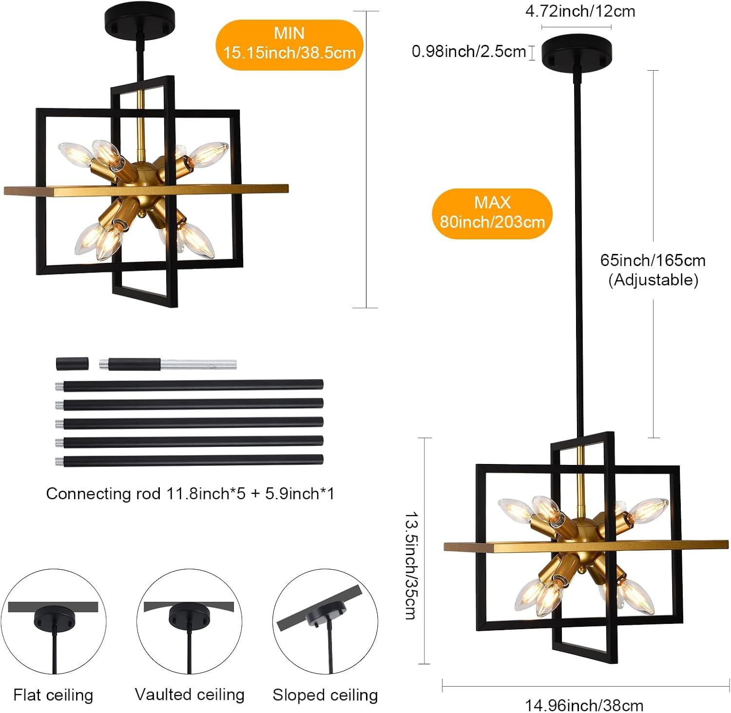 Modern Black and Gold Chandelier, 8-Light Geometric Pendant Light Fixture, Dining Light Fixtures Adjustable Chandelier for Dining Room Entryway Foyer Hallway Bedroom Living Room Kitchen Island