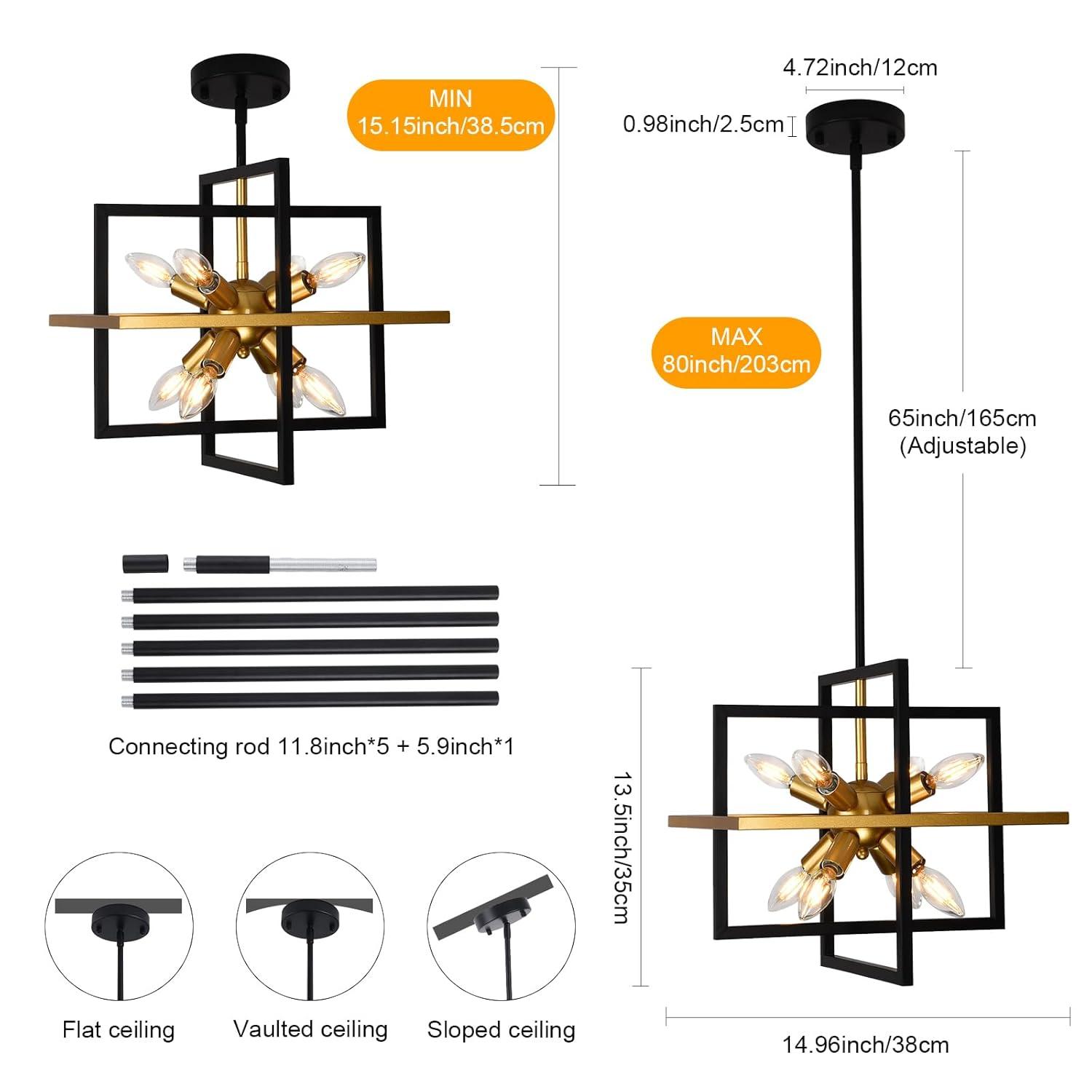 Modern Black and Gold Chandelier, 8-Light Geometric Pendant Light Fixture, Dining Light Fixtures Adjustable Chandelier for Dining Room Entryway Foyer Hallway Bedroom Living Room Kitchen Island