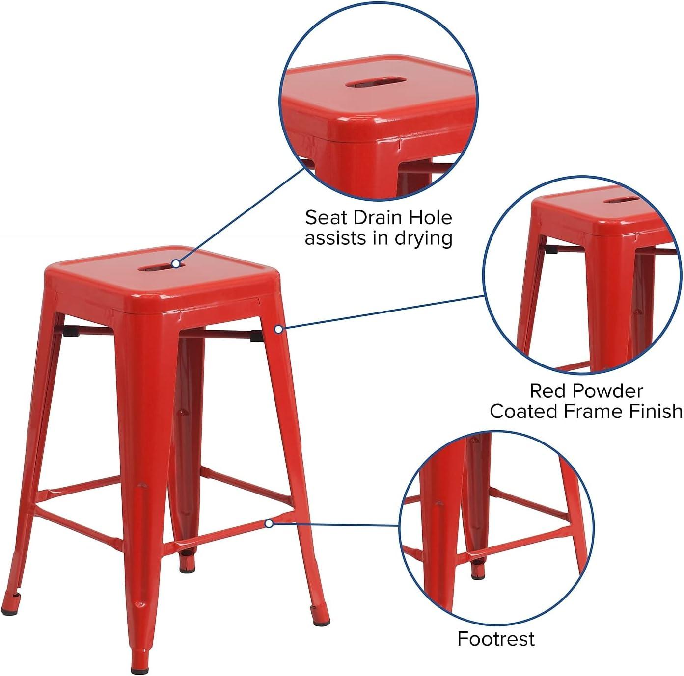 24" Red Metal & Brown Wood Backless Counter Stool