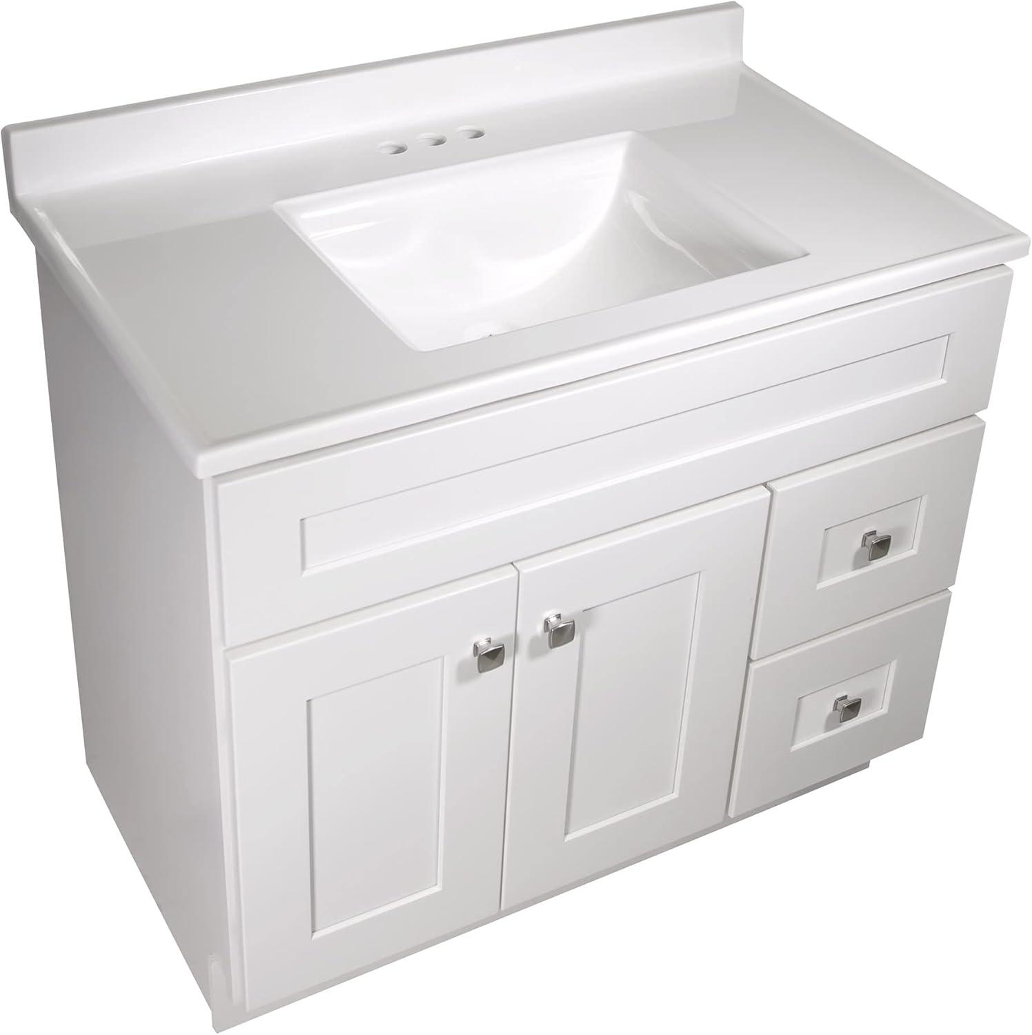 Design House 557645-WHT 37-inch Camilla Cultured Marble Centerset Mount Rectangle Single Bowl Vanity Top with Integrated Backsplash, Solid White