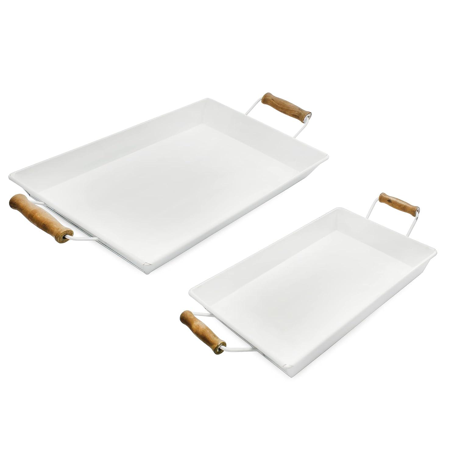 AuldHome Design  Rustic White Enamelware Trays, Small & Medium 2pc Set; Farmhouse Decor Trays w/ Handles