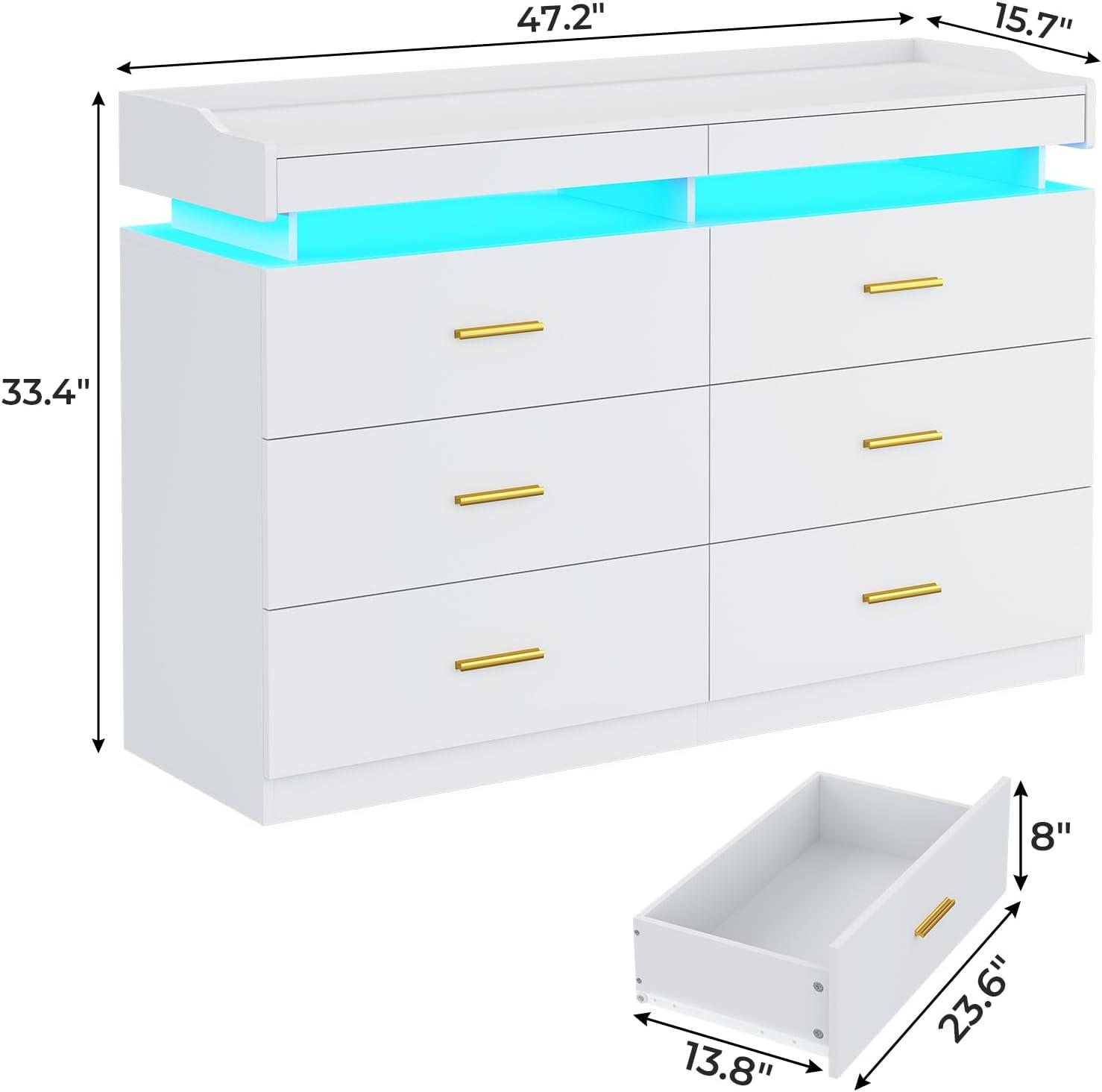 Modern LED Dresser for Bedroom, 6 Drawer Dresser with 2 Pull-Out Trays, Wide Dresser, White