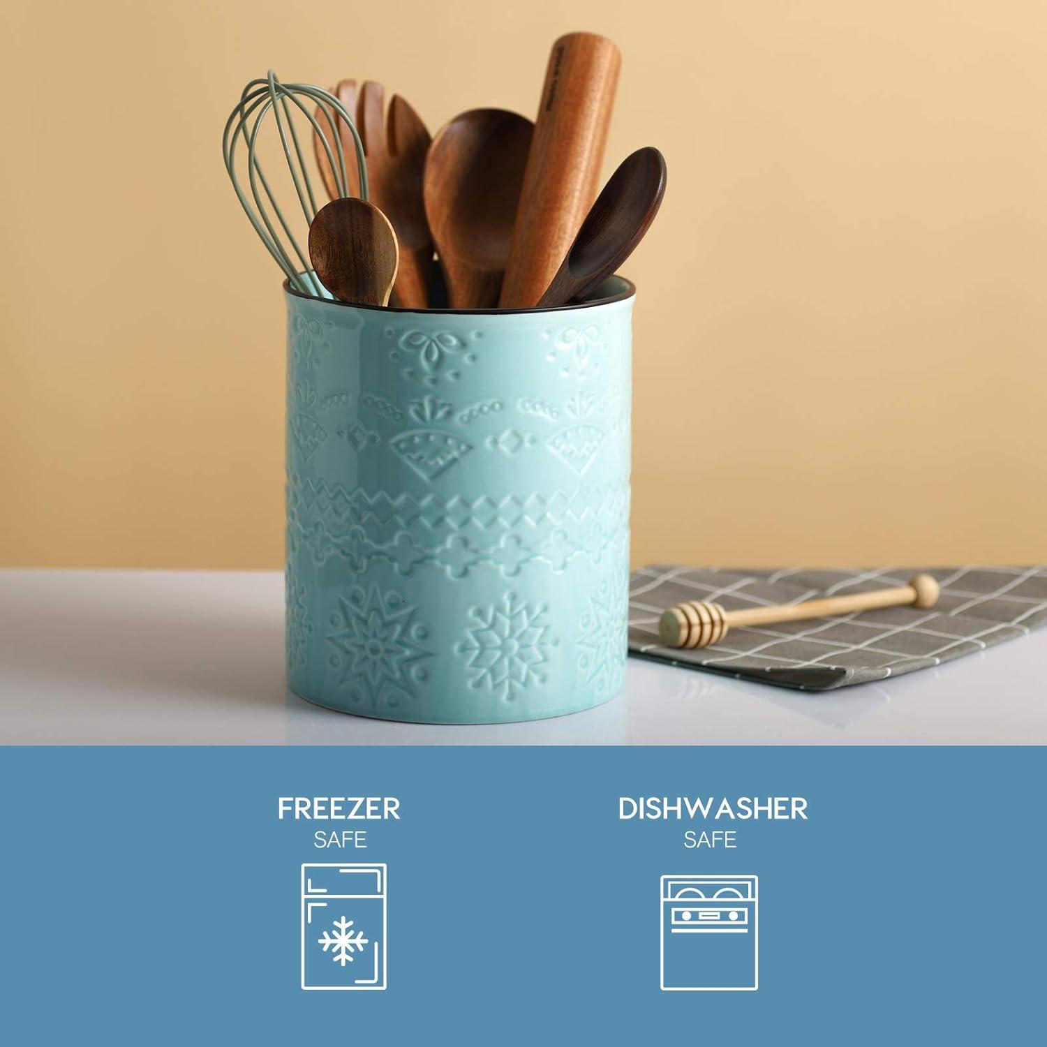 Aqua Ceramic Embossed Kitchen Utensil Holder Crock