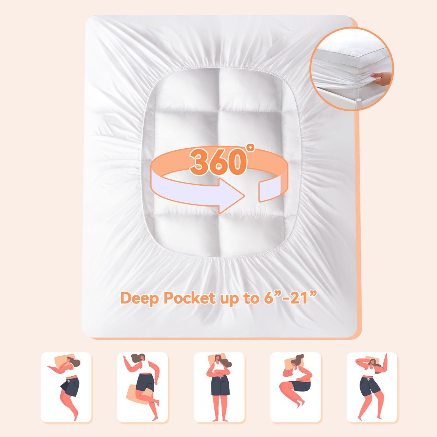 Queen Mattress Topper for Back Pain Relief, Extra Thick Pillow Top Plush Mattress Pad with Deep Pocket, Soft Pillowtop Queen Size Bed Toppers Filled Fluffy Down Alternative, White