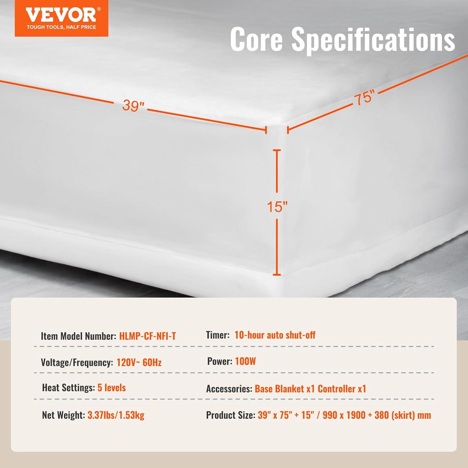 VEVOR Heated Mattress Pad Full Electric Warmer Coral Fleece Auto Off