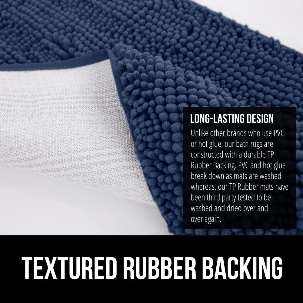 GORILLA GRIP Chenille Bath Rug 24x17, Rubber Backing Quick Dry Washable Microfiber Mats, Navy