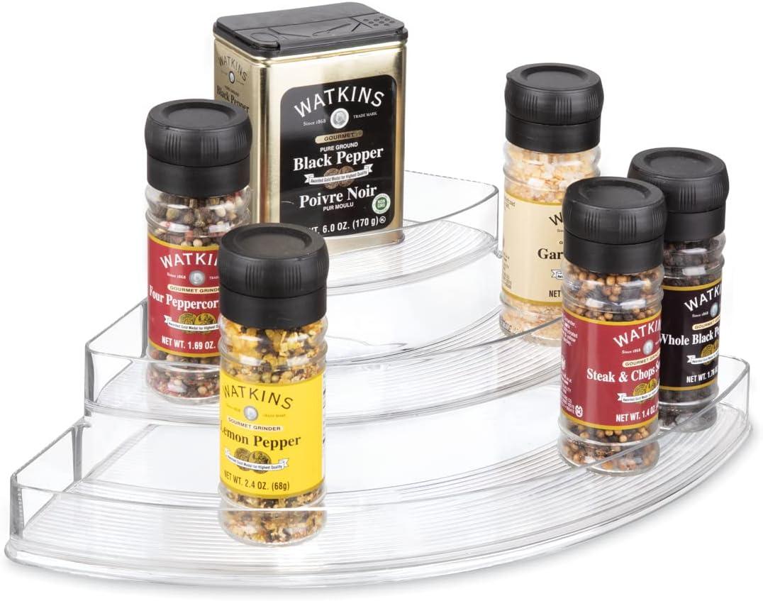 iDesign Recycled Plastic 3-Tier Stadium Spice Rack Organizer for Kitchen, Fridge, Freezer, Pantry and Cabinet Organization, The Linus Collection – 14" x 10" x 4", Clear