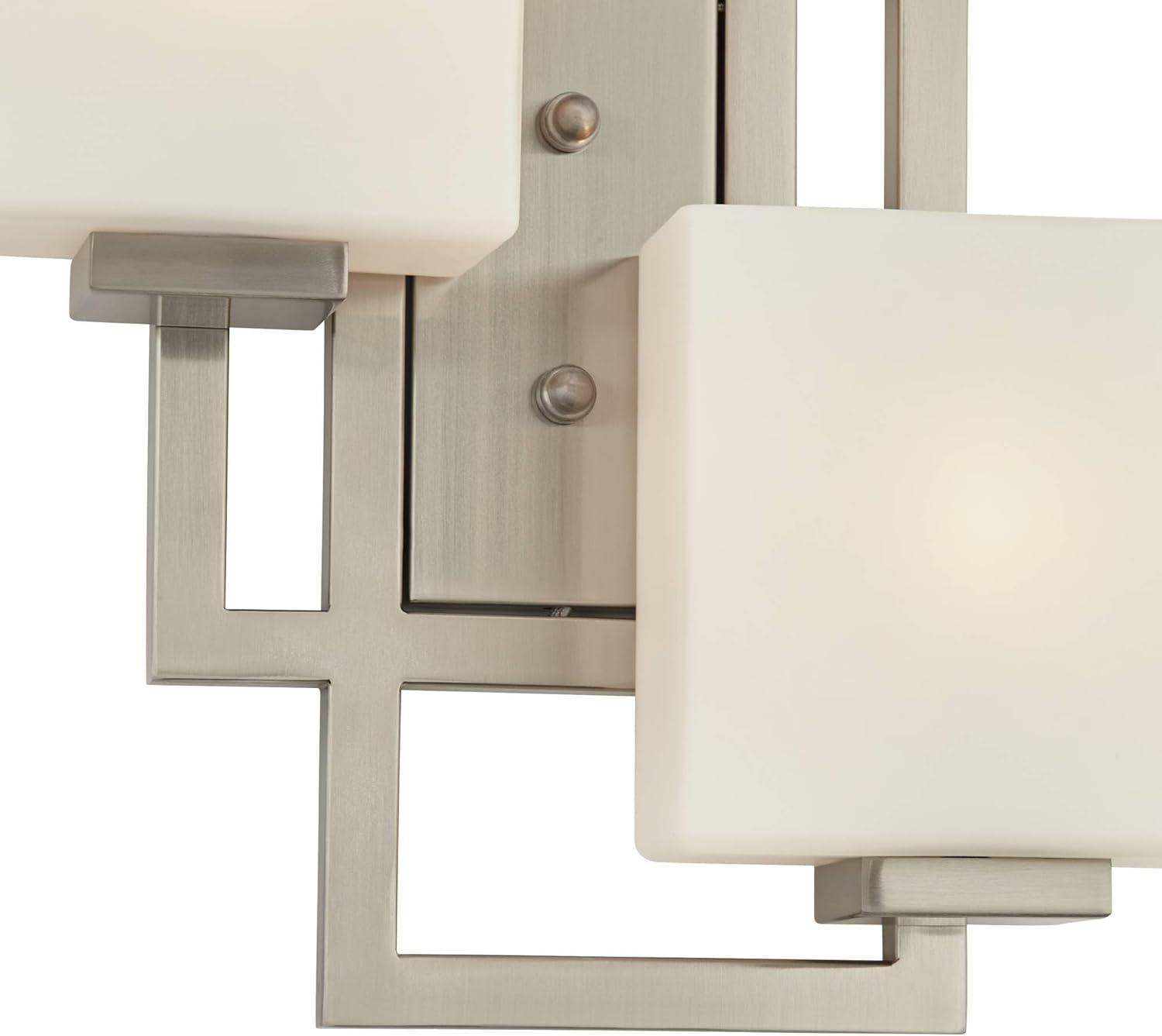 Possini Euro Design Modern Wall Light Sconce Brushed Nickel Hardwired 15 1/2" 2-Light Fixture Square Opal Glass Bedroom Bathroom