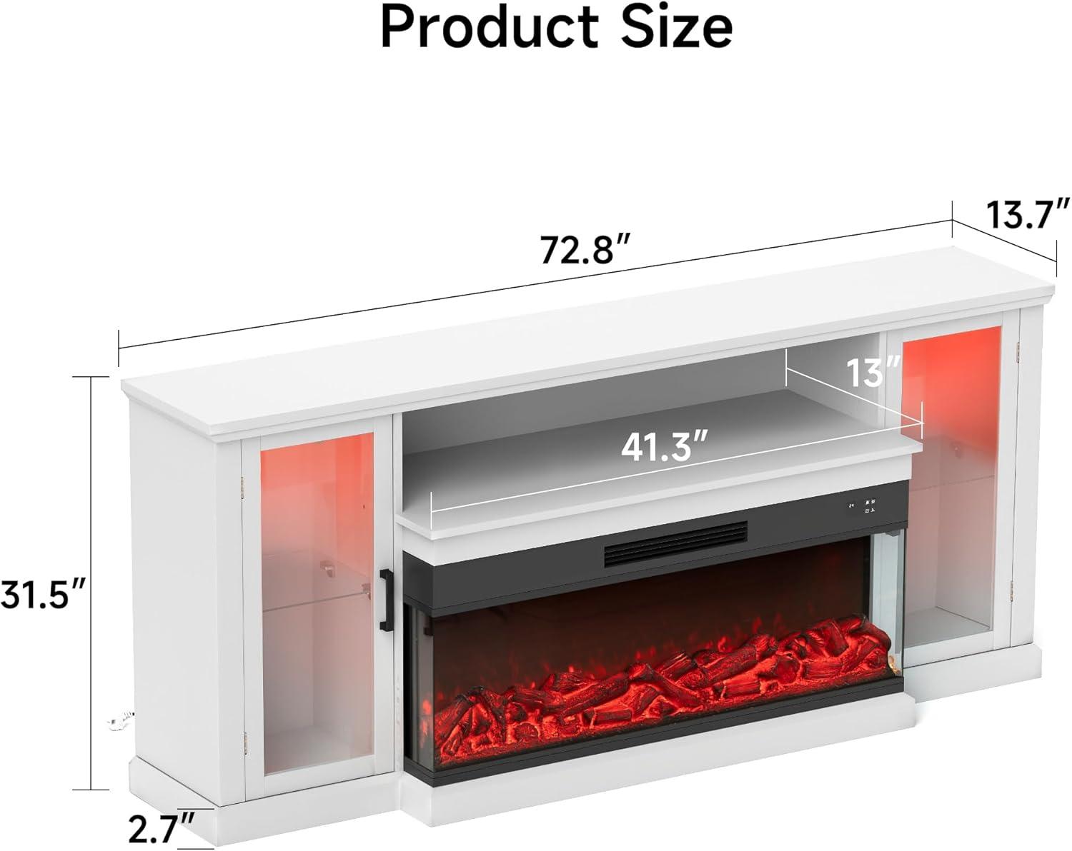 Real Relax Fireplace TV Stand for 80 inch TV, 72.8" Entertainment Center with 40 inch 3-Sided Electric Fireplace & LED Lights for Living Room, White