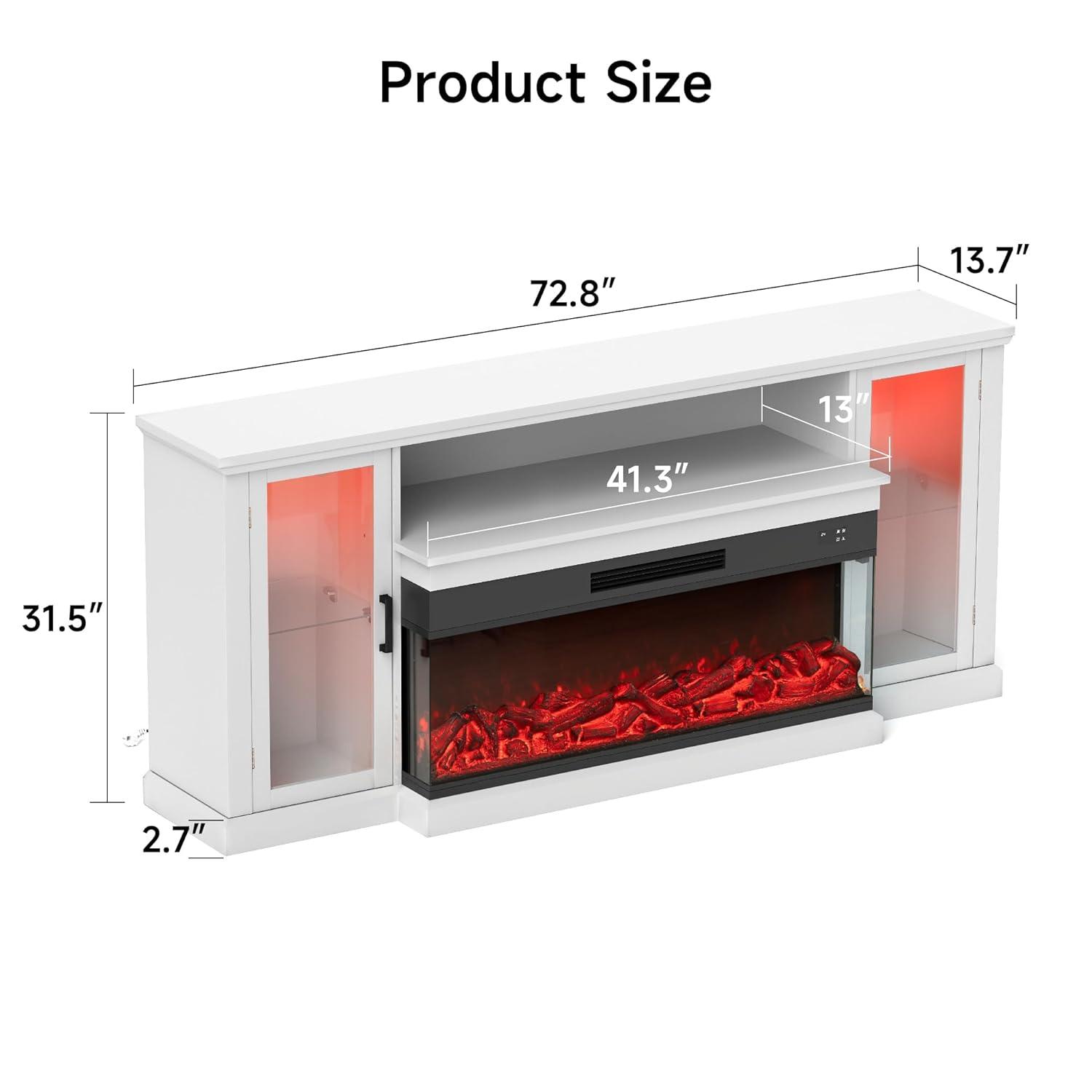 Real Relax Fireplace TV Stand for 80 inch TV, 72.8" Entertainment Center with 40 inch 3-Sided Electric Fireplace & LED Lights for Living Room, White