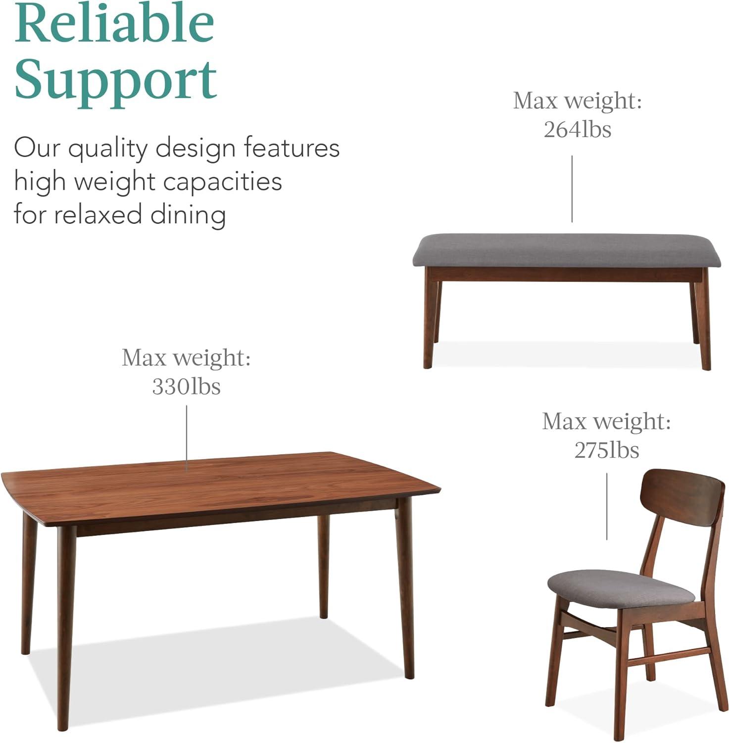 George Oliver 6-Piece Mid-Century Modern Upholstered Wooden Dining Set W/ 4 Chairs, Bench - Walnut/Gray