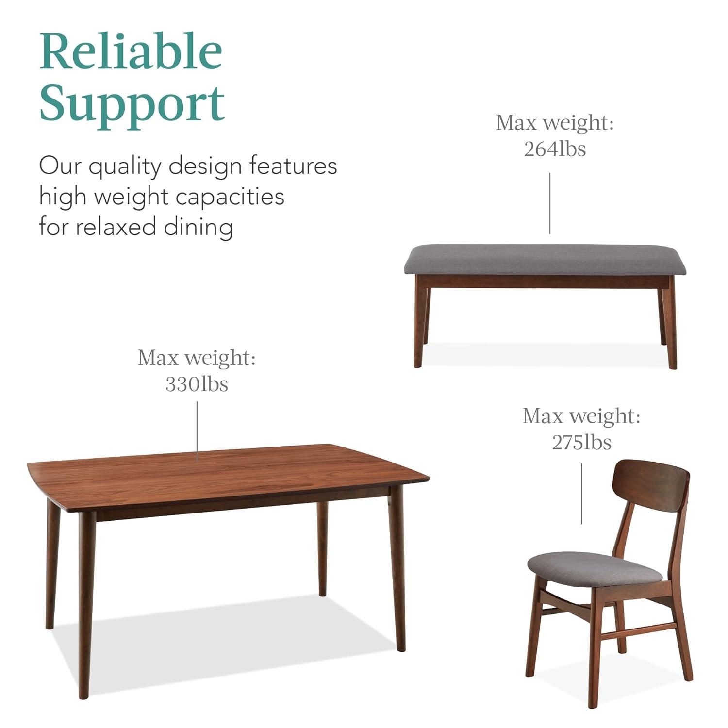 George Oliver 6-Piece Mid-Century Modern Upholstered Wooden Dining Set W/ 4 Chairs, Bench - Walnut/Gray