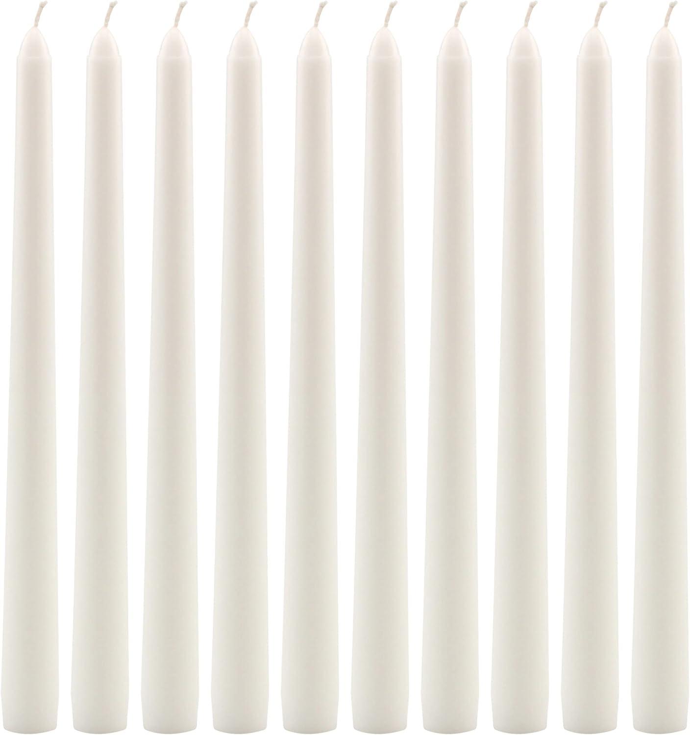 Elegant 10" White Paraffin Wax Taper Candles, 10-Pack