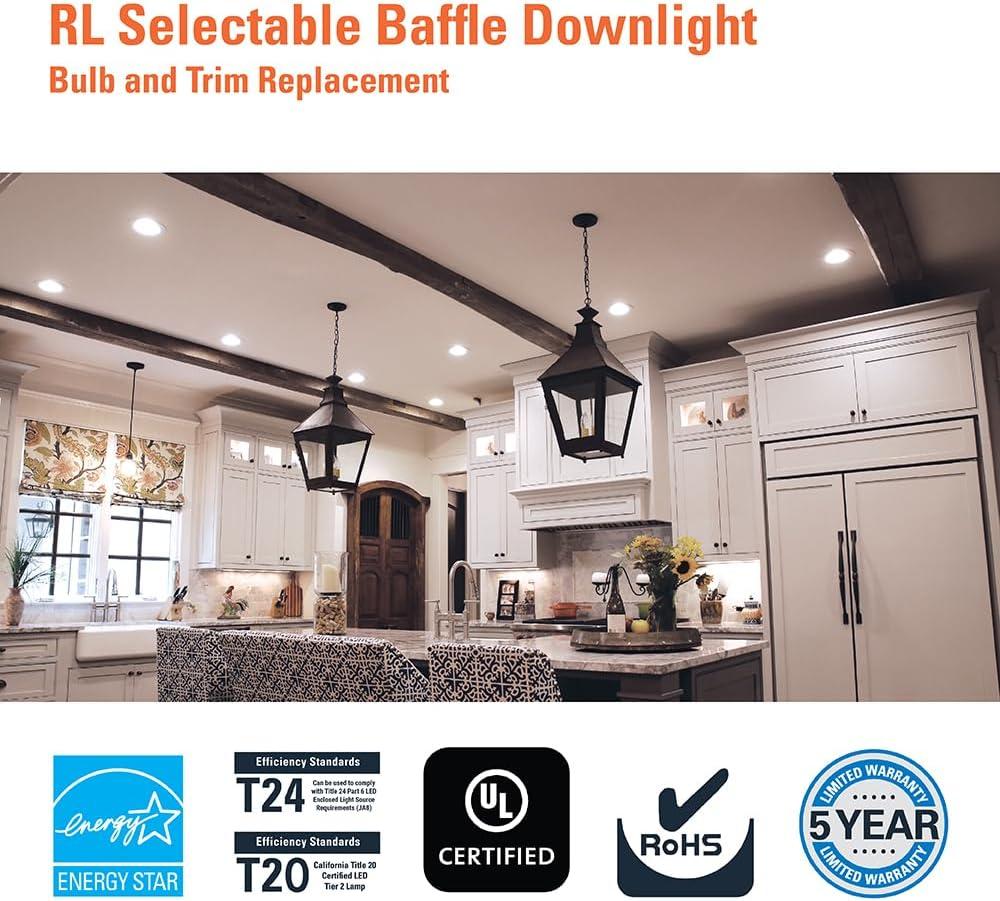 HALO RL Series 5/6 inch Recessed LED Retrofit Light, Selectable CCT 2700K-5000K Integrated LED, Dim to Warm, White Retrofit Baffle Trim, 600 Lumens