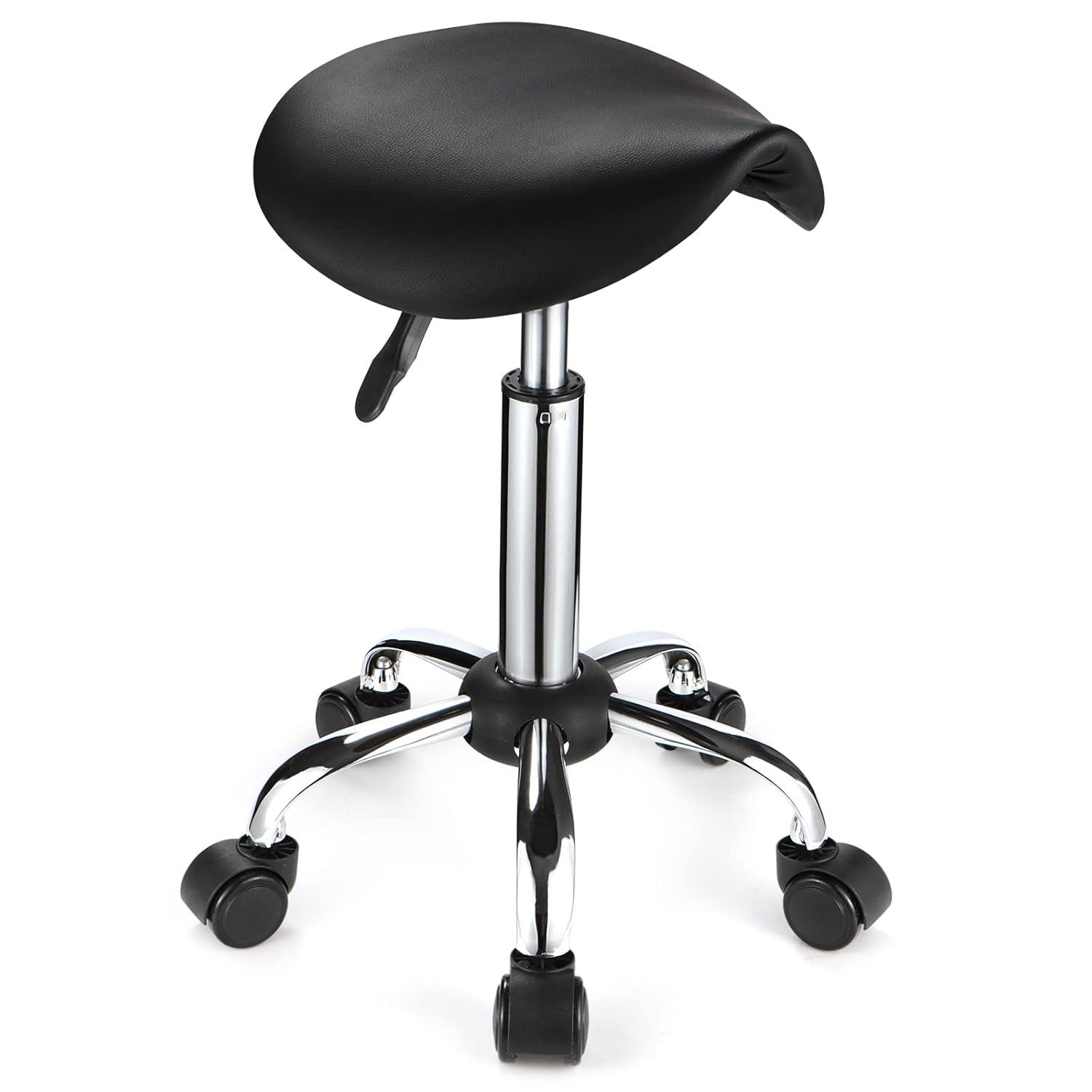 Adjustable Rolling Saddle Stool PU Leather Rolling Stool Salon Chair with Wheels Black