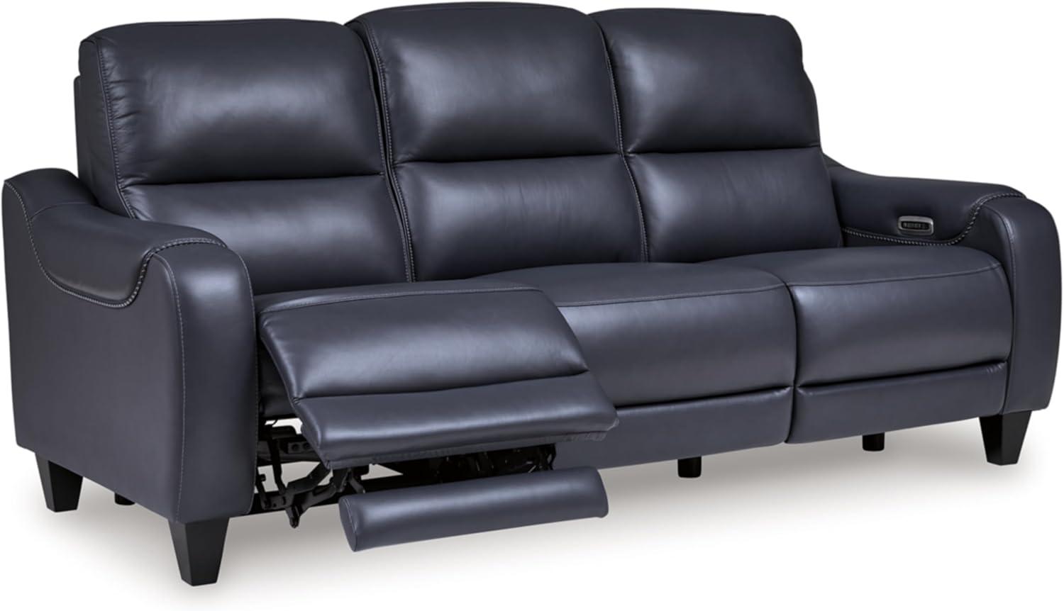 Blue Faux Leather Power Reclining Sofa with Adjustable Headrest