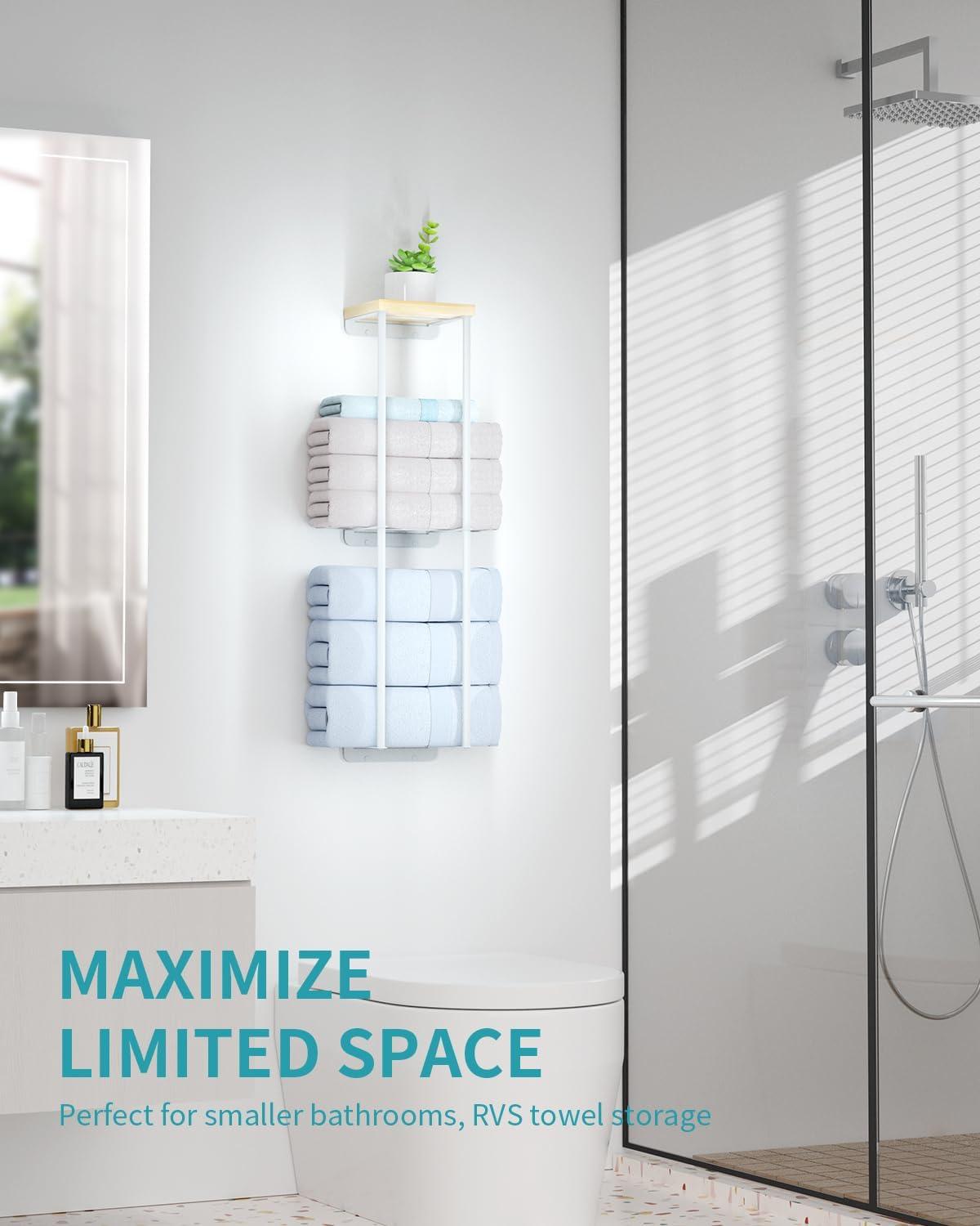 Towel Racks for Bathroom, 2 Tier Wall Towel Holder with Wood Shelf, Metal Wall Mounted Bathroom Organizers and Storage, White