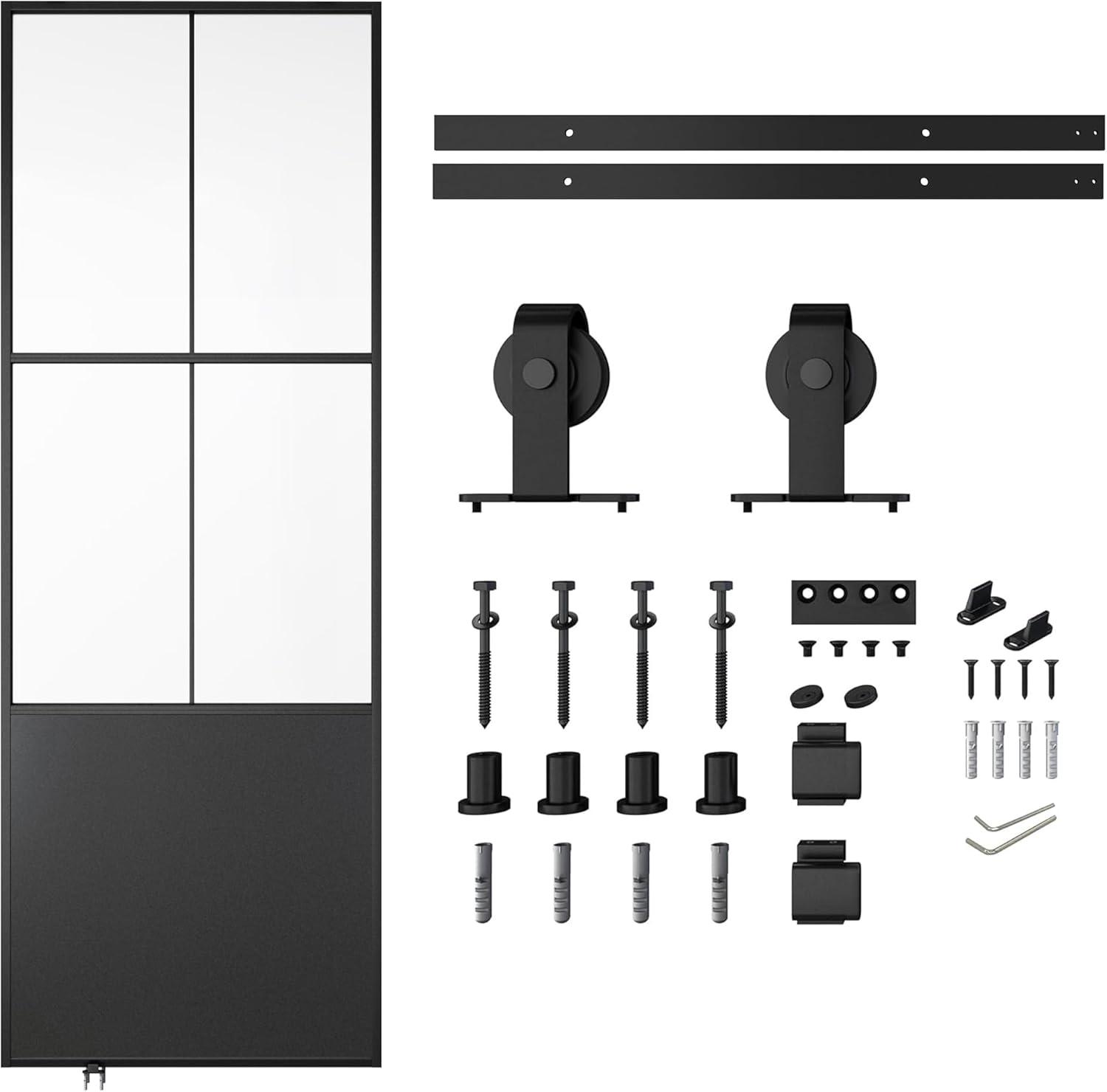 TREEBLING 84" Metal and Glass Sliding Barn Door with Two-Way Soft Close and Installation Hardware Kit