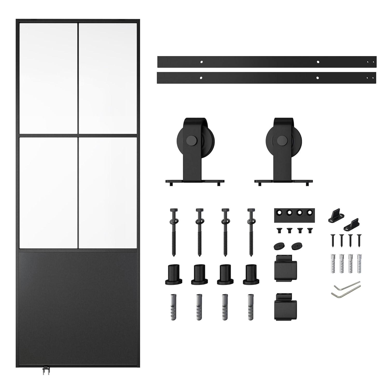 TREEBLING 84" Metal and Glass Sliding Barn Door with Two-Way Soft Close and Installation Hardware Kit