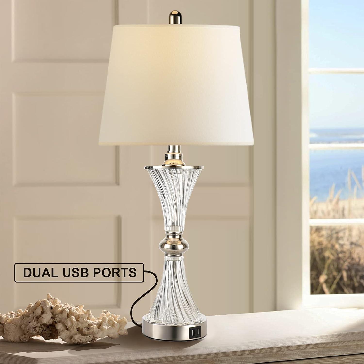 Touch Control Dimmable Table Lamps for Bedrooms, 3-Way Gold Crystal Bedside Lamp with USB Ports, Set of 2 Contemporary End Table Lamps with White Drum Shade for Living Room Reading, LED Bulbs Included