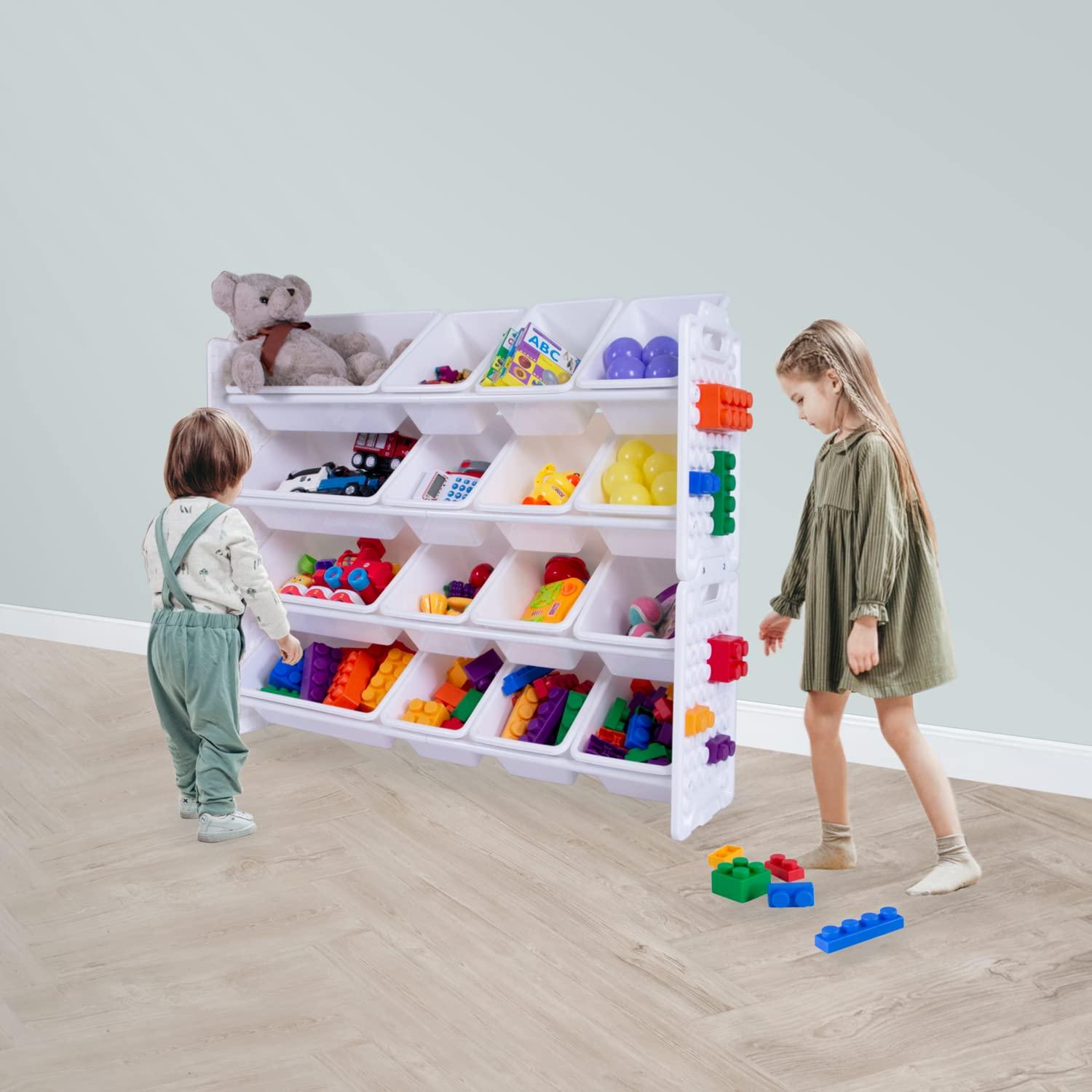 UNiPLAY Toy Organizer With 16 Removable Storage Bins, Multi-Bin Organizer for Books, Building Blocks, School Materials, Toys with Baseplate Board Frame (Primary)
