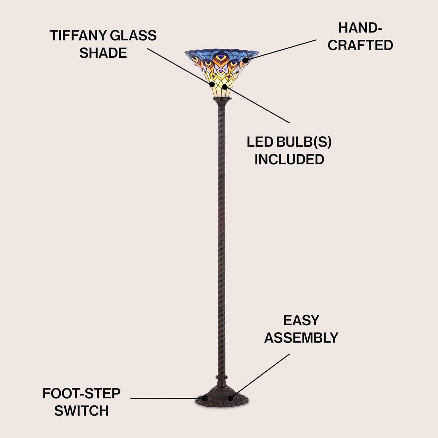 JONATHAN Y JYL8006A Peacock Tiffany-Style 70" Torchiere LED Floor Lamp, Traditional for living room, dinning room, bedroom, office Bulb Included, Bronze