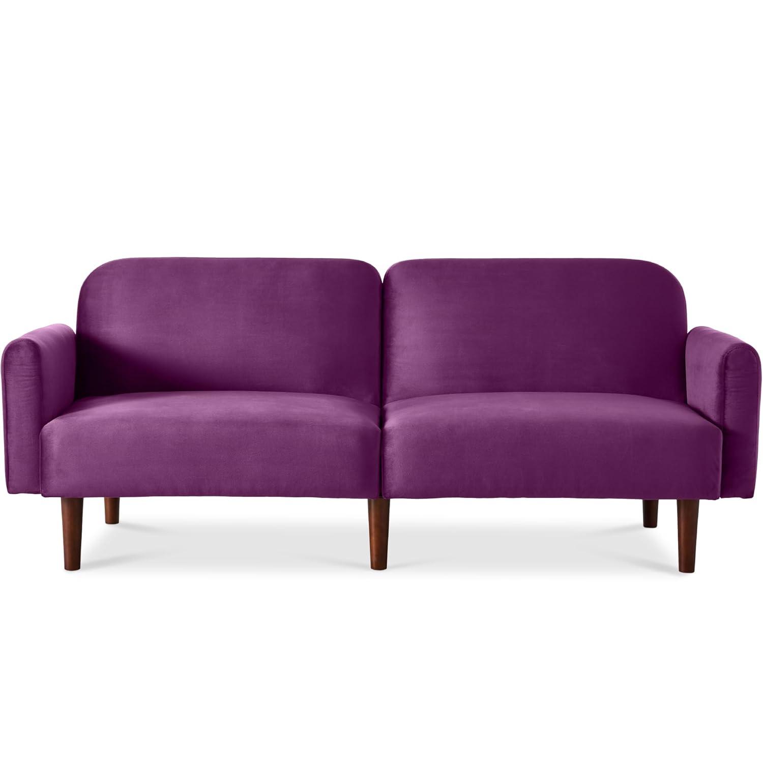 Best Choice Products Curved Convertible Futon, Velvet Fabric Split-Back Sleeper Bed - Plum