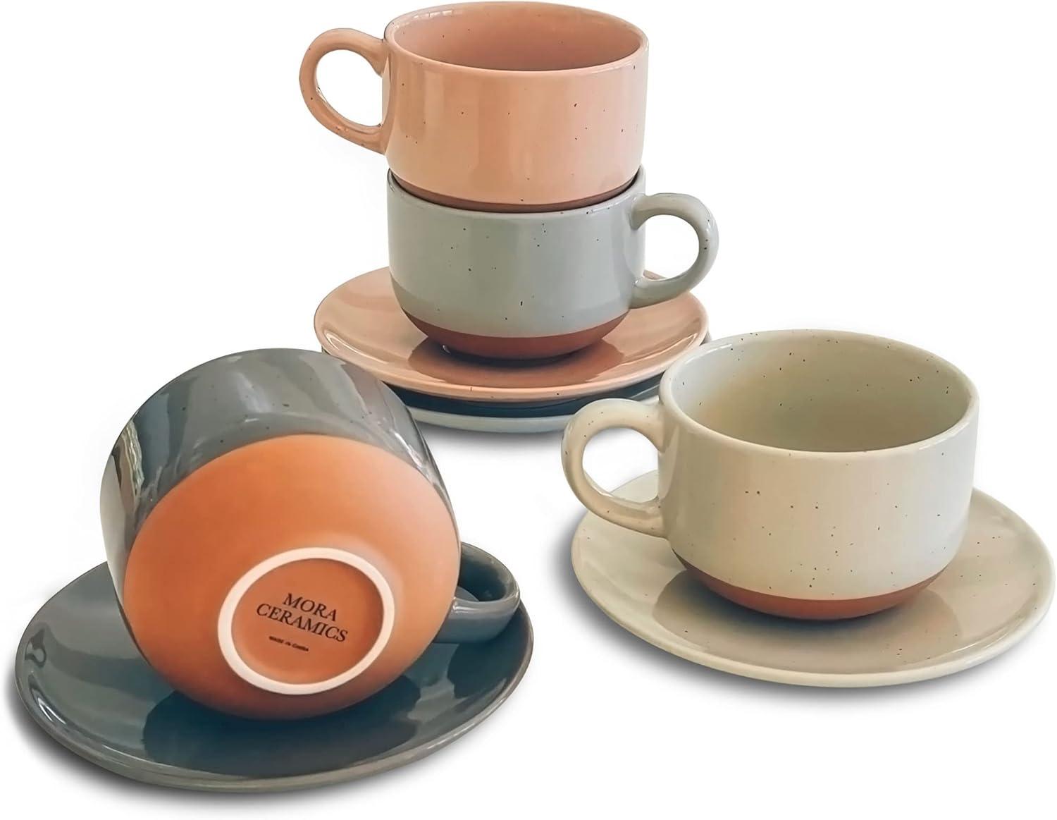 Mora Ceramic 8oz Assorted Neutral Cappuccino Mug Set with Saucers