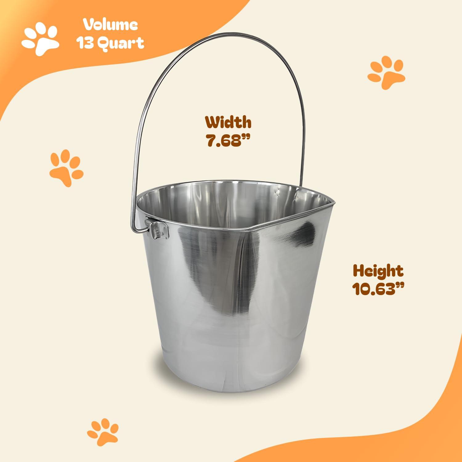 13 Quart Heavy Duty Stainless Steel Flat Side Bucket | Durable Food & Water Pail for Dogs, Cats, Kennels, Cages and Critter Crates | Multi-Purpose Bucket