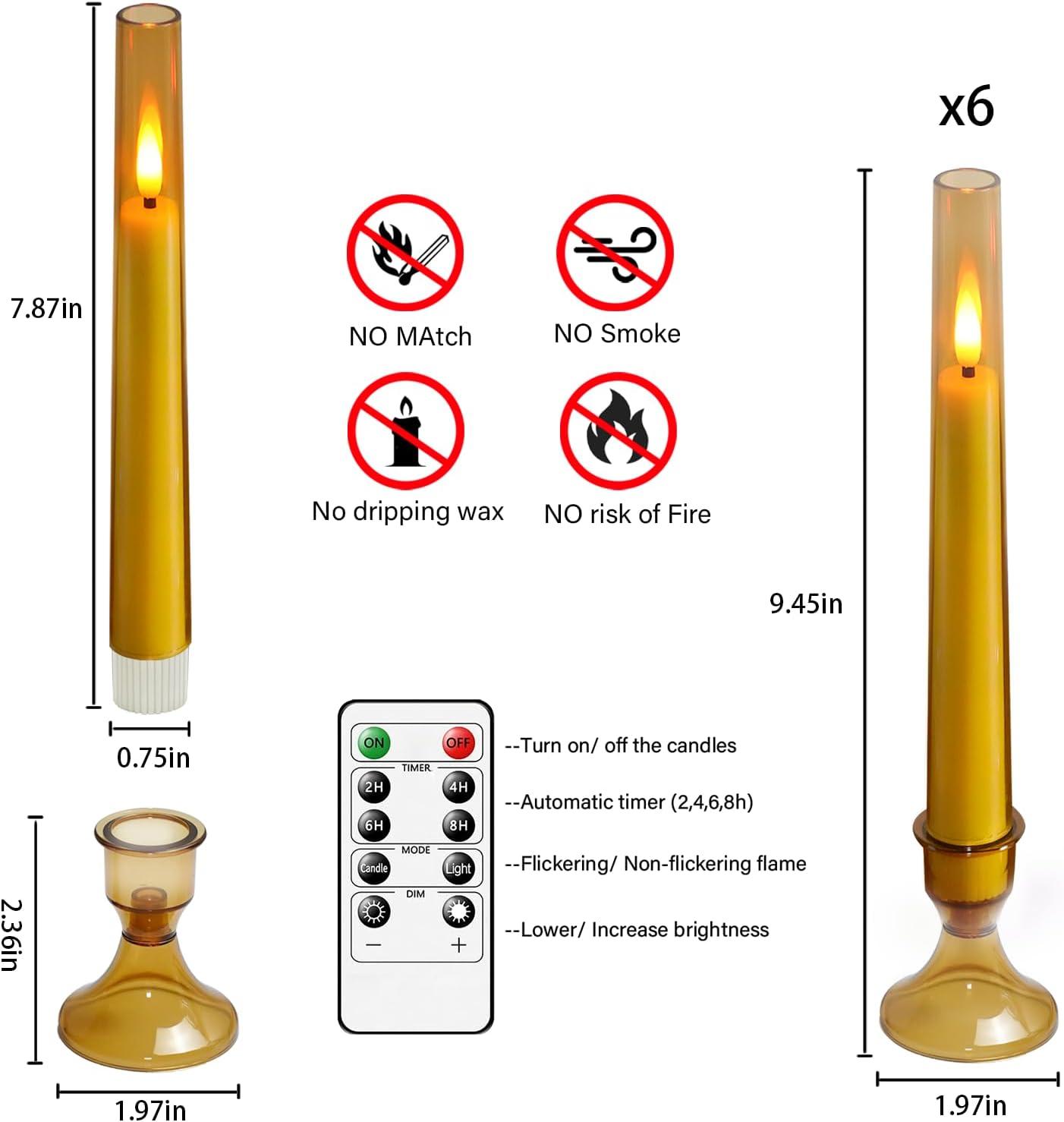 6pcs Waxy Flameless Taper Candles with Remote, Led Flameless Candlesticks Classic Tall Taper Candles with Holders Flickering Battery Operated Taper Candles for Bedroom Dining Room