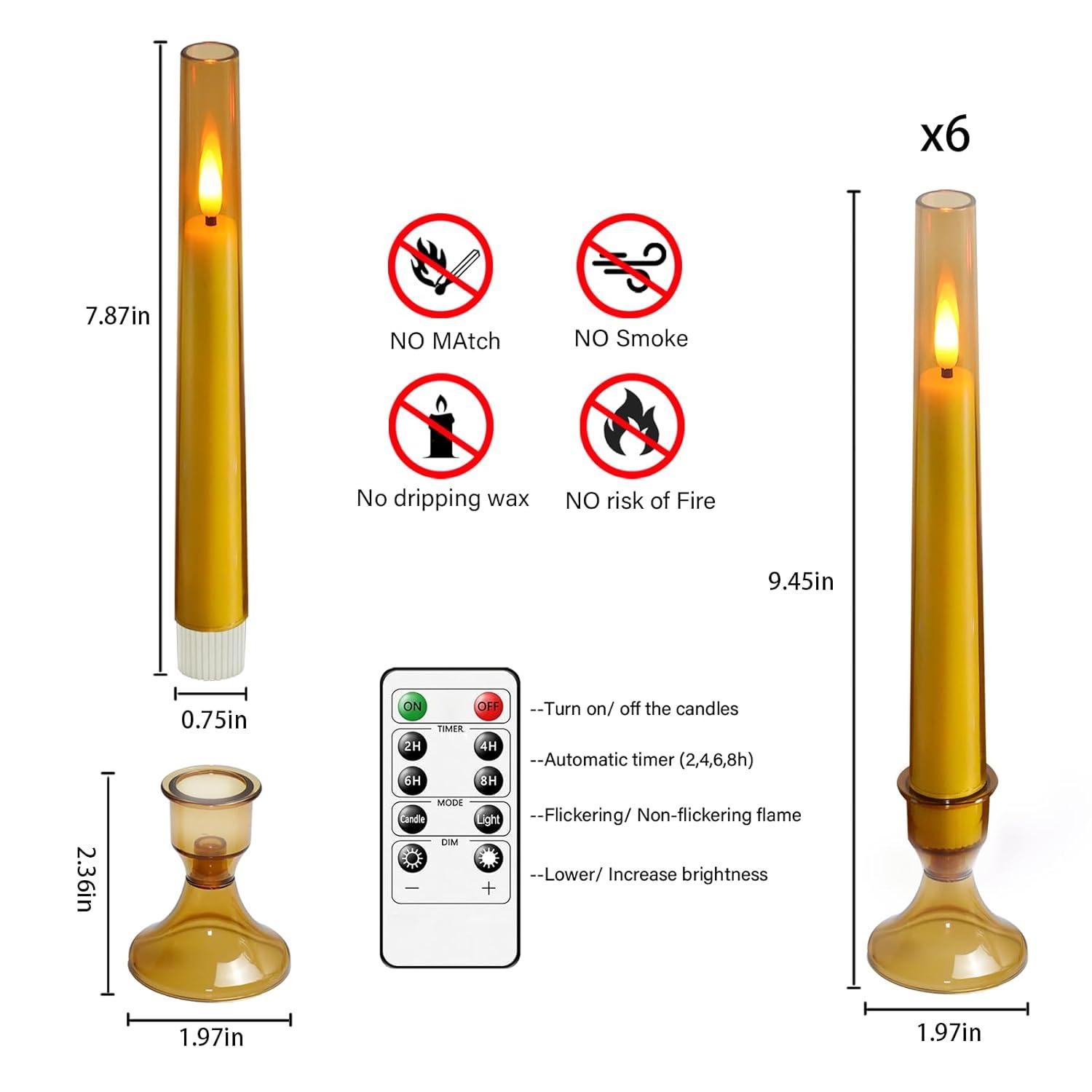 6pcs Waxy Flameless Taper Candles with Remote, Led Flameless Candlesticks Classic Tall Taper Candles with Holders Flickering Battery Operated Taper Candles for Bedroom Dining Room