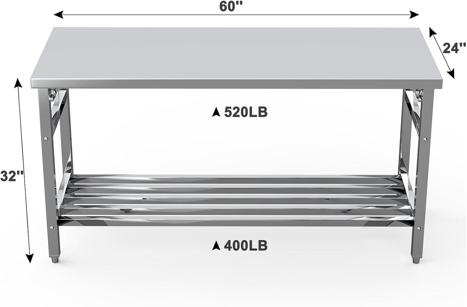 60 x 24 Inch Stainless Steel Folding Heavy Duty Table with Adjustable Undershelf