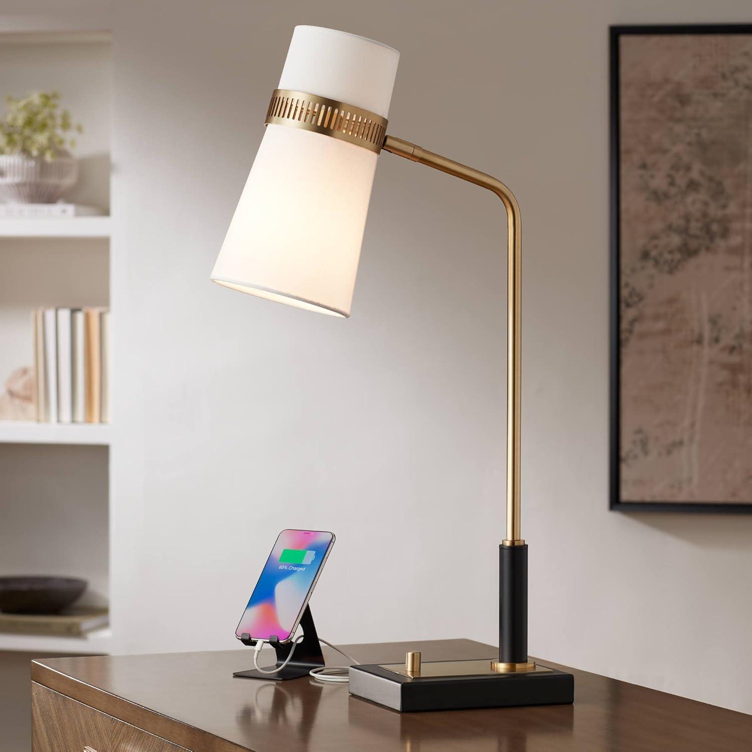 Possini Euro Design Cartwright Modern Mid Century Desk Lamp 32" Tall Antique Brass Black with USB Charging Port Linen Shade for Bedroom Living Room