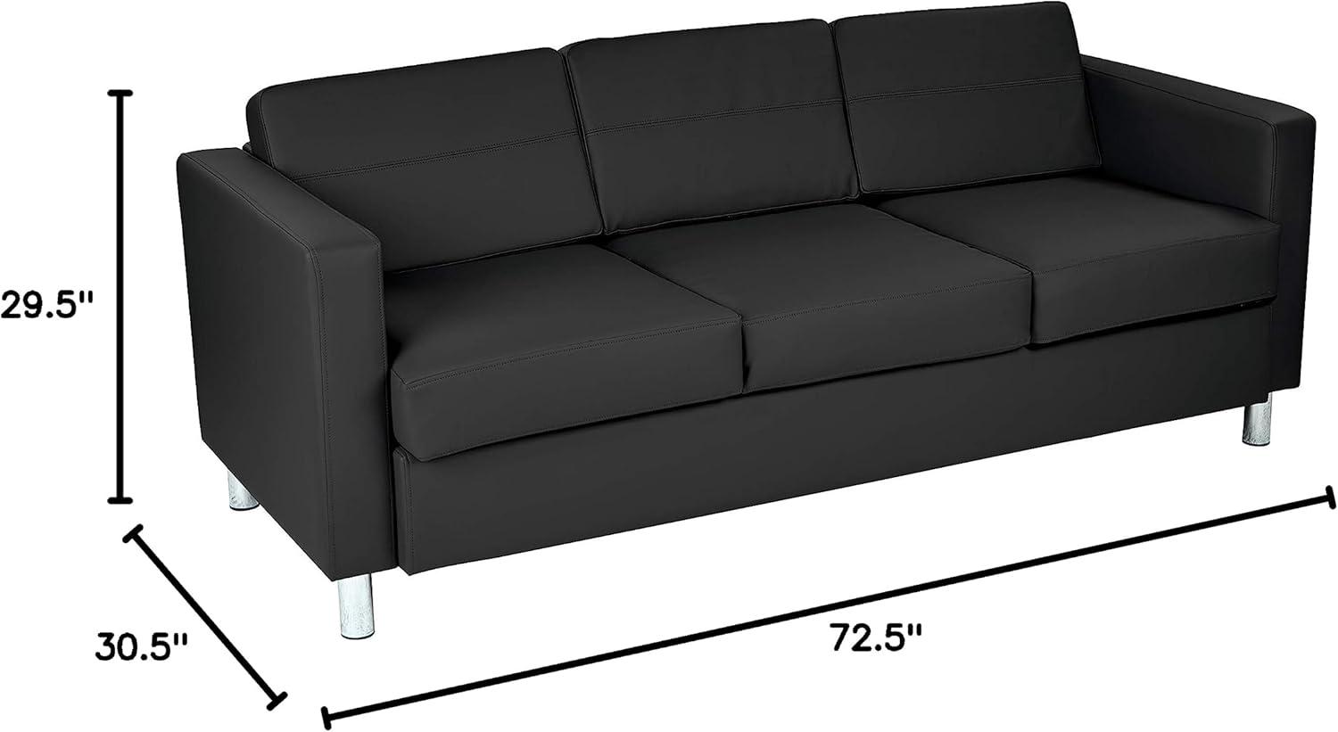 Modern Pacific Black Faux Leather Sofa with Silver Finish Legs