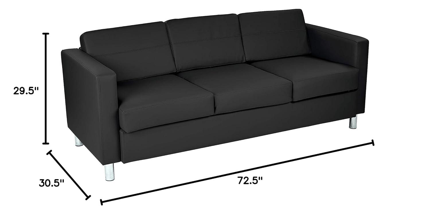 Modern Pacific Black Faux Leather Sofa with Silver Finish Legs