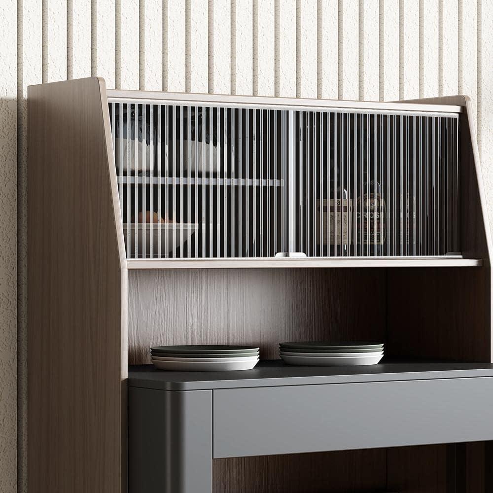 Modern Extendable Dining Table with Storage, Farmhouse Kitchen Table Rectangle Sideboard Glass Door (Walnut & Gray)