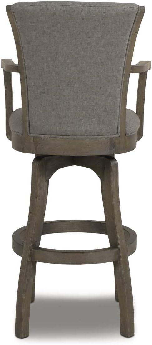 Distressed Wood Swivel Bar Stool with Gray Leather Cushion and Armrests