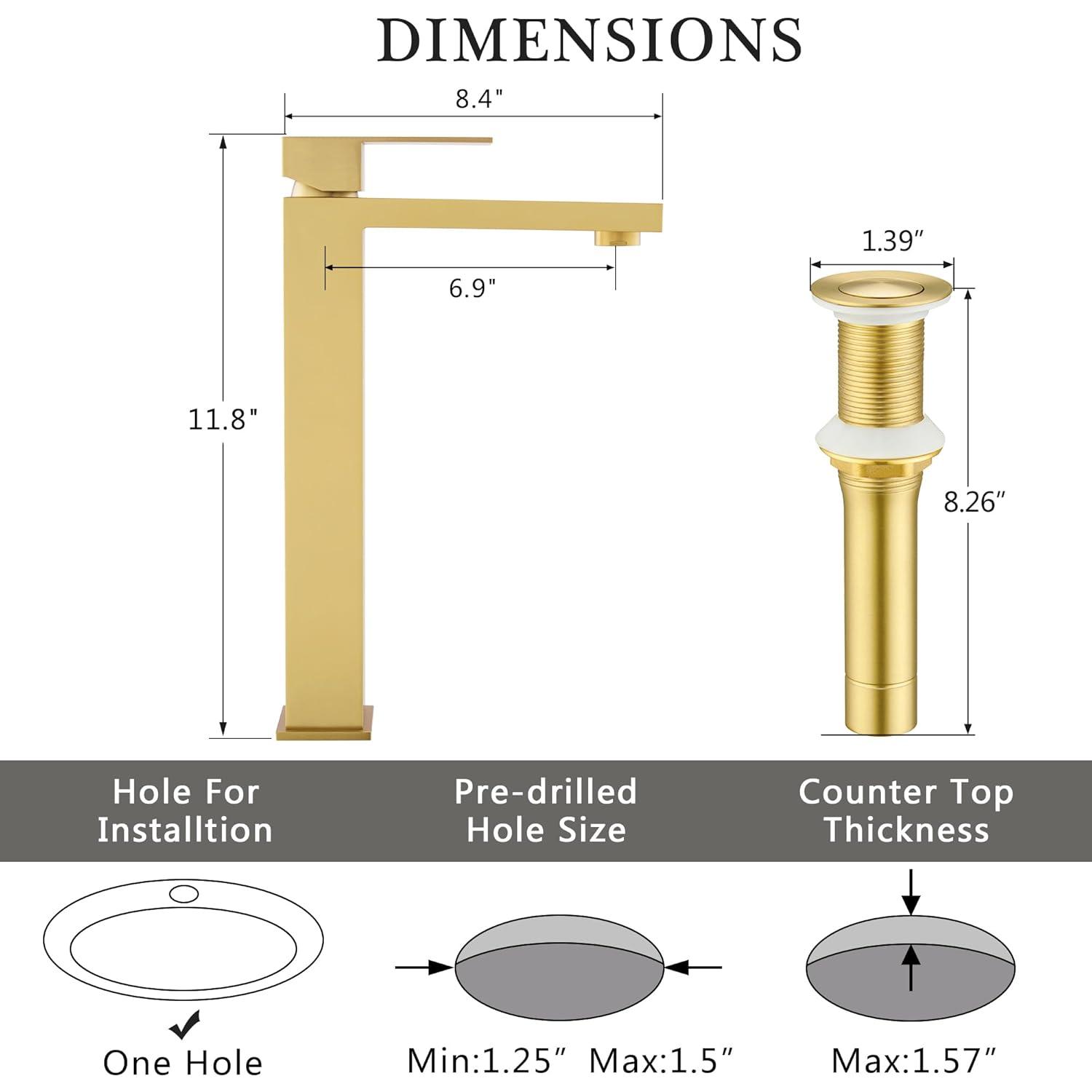 Gold Vessel Sink Faucet, Brushed Gold Tall Single Handle Bathroom Vessel Sink Faucet 1 Hole, Modern Stainless Steel Restroom Vanity Faucet with Metal Pop Up Drain and Water Supply Hose