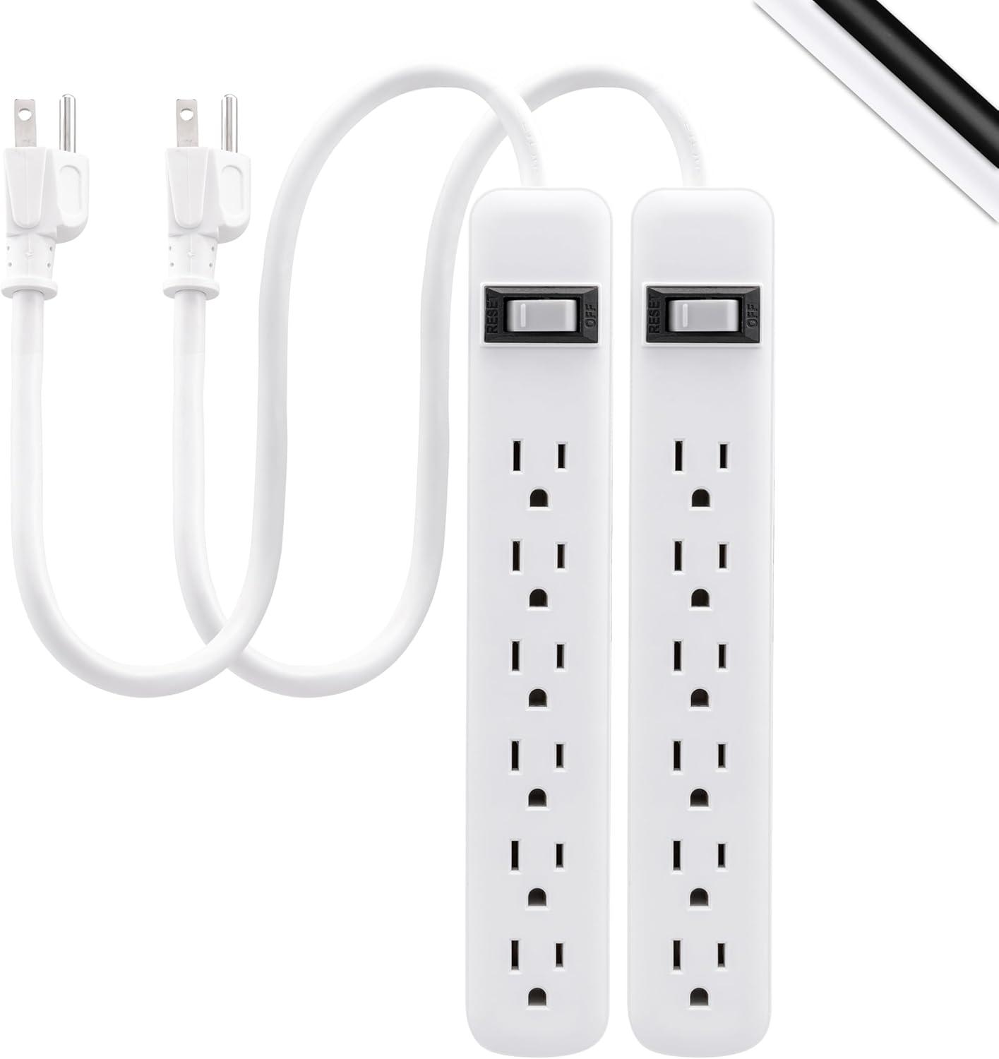 White 6-Outlet Heavy Duty Power Strip with Circuit Breaker, 2 Pack