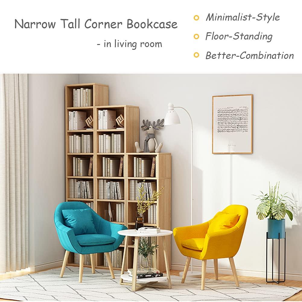 IOTXY Small Narrow Corner Bookcase - 59" Tall Free Standing Gap Storage Cabinet, 6 Lattices Open Shelves Tower Rack with Door, Cubes Bookshelf, White