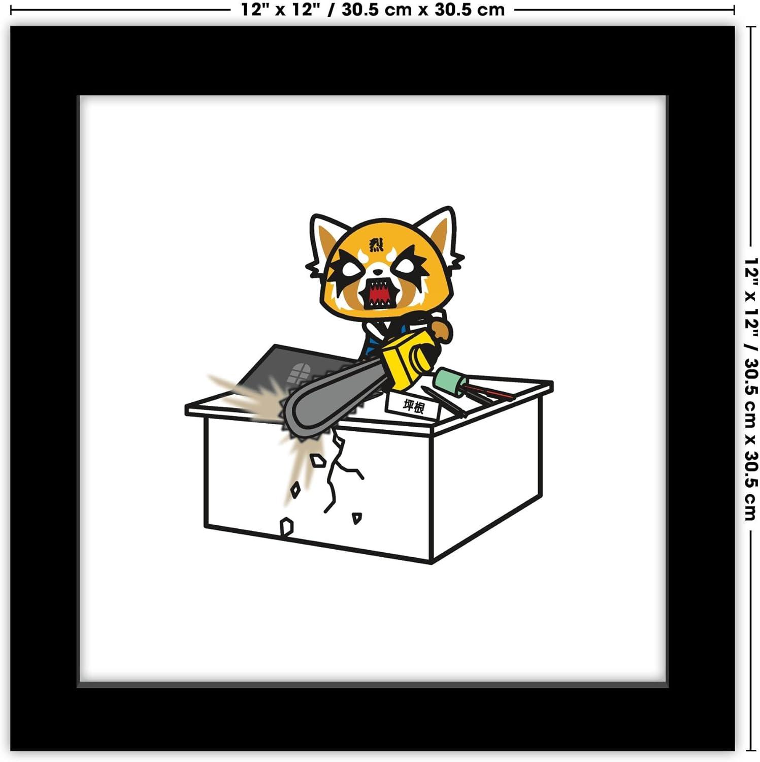 Gallery Pops Sanrio Aggretsuko - Retsuko Desk Chainsaw Wall Art, Black Framed Version, 12" x 12"