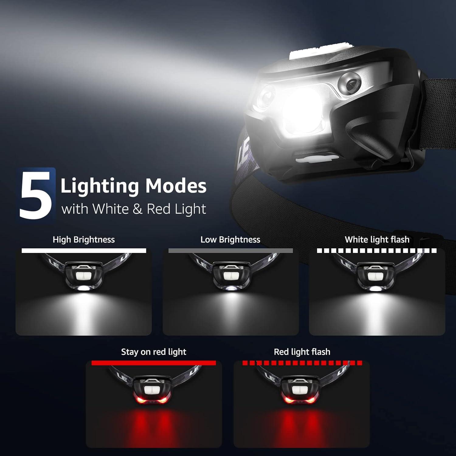 Lepro Lepro LED Headlamp Rechargeable - Super Bright Head Lamp with 5 Modes for Camping & Hiking Gear Essentials, IPX4 Waterproof Headlight Flashlight with Red Light, USB Cable Included