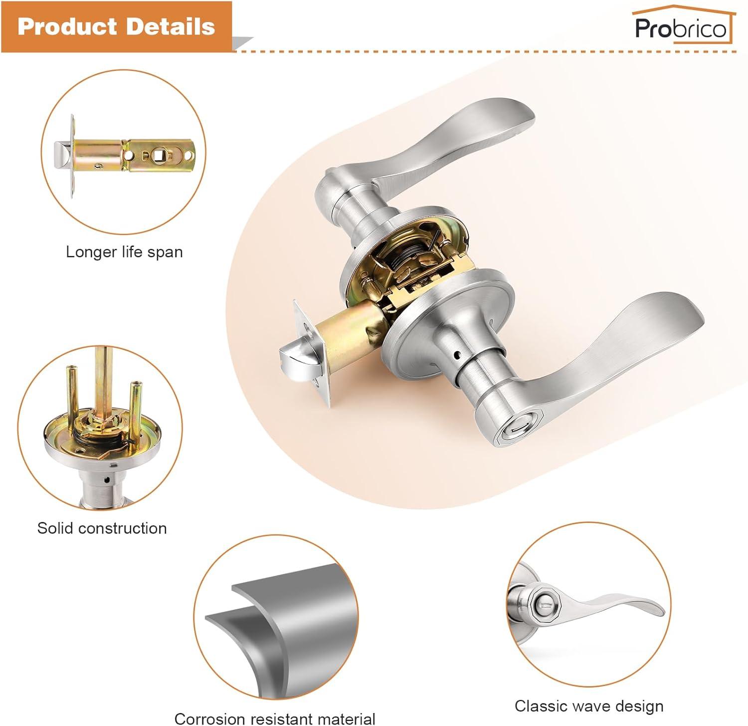 Probrico Privacy Door Levers Interior Door Handles Levers, Wave Style Bed Bath Door Handles Lock Keyless, Satin Nickel Door Lever Lockset 6 Pack