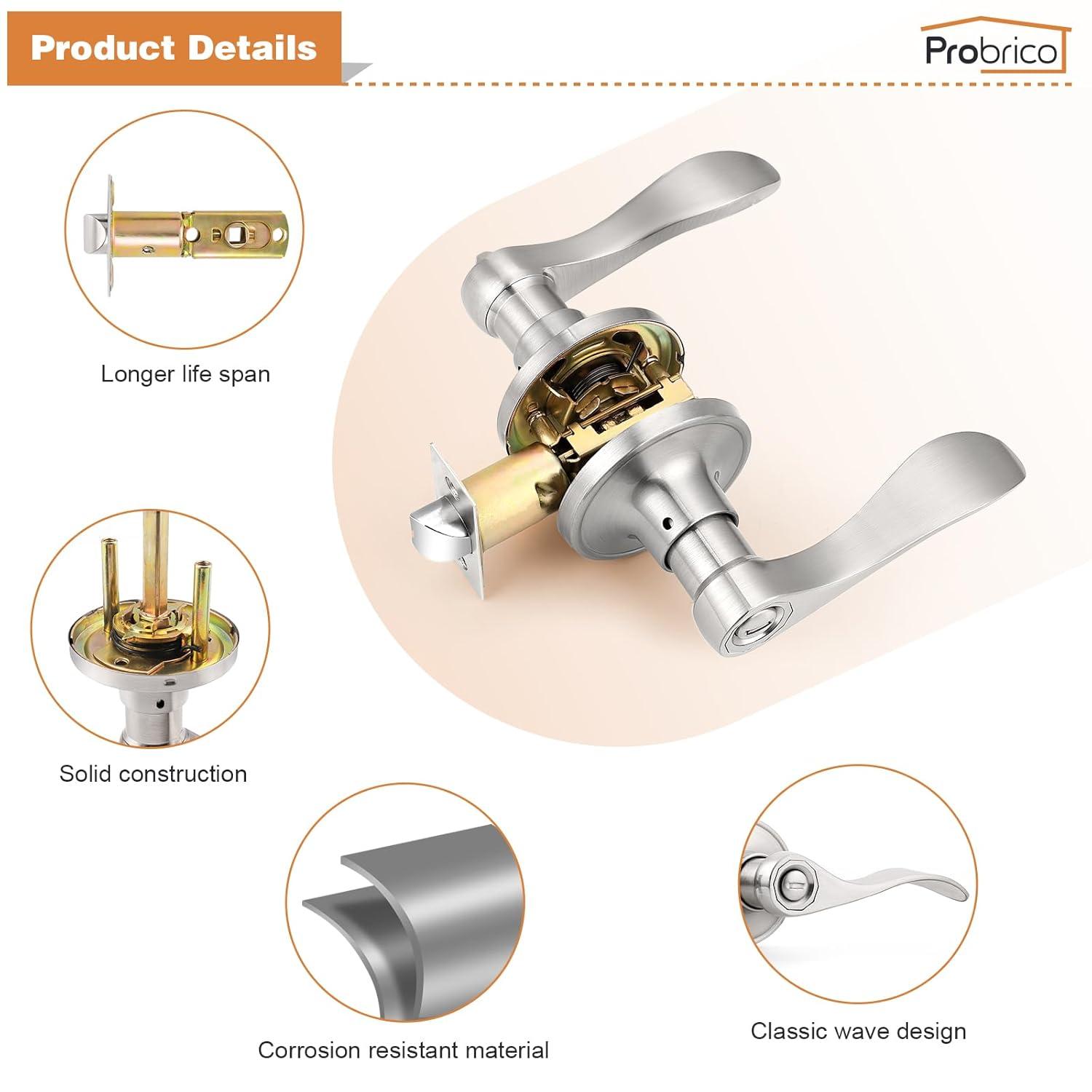Probrico Privacy Door Levers Interior Door Handles Levers, Wave Style Bed Bath Door Handles Lock Keyless, Satin Nickel Door Lever Lockset 6 Pack