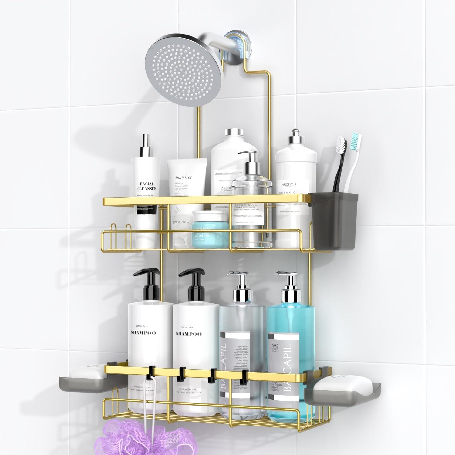 Shower Caddy Hanging Bathroom Organizer: Rustproof Shelf for Inside Shower - No Drilling Racks Over Showerhead - Bath Shelves for Shampoo Soap Gold