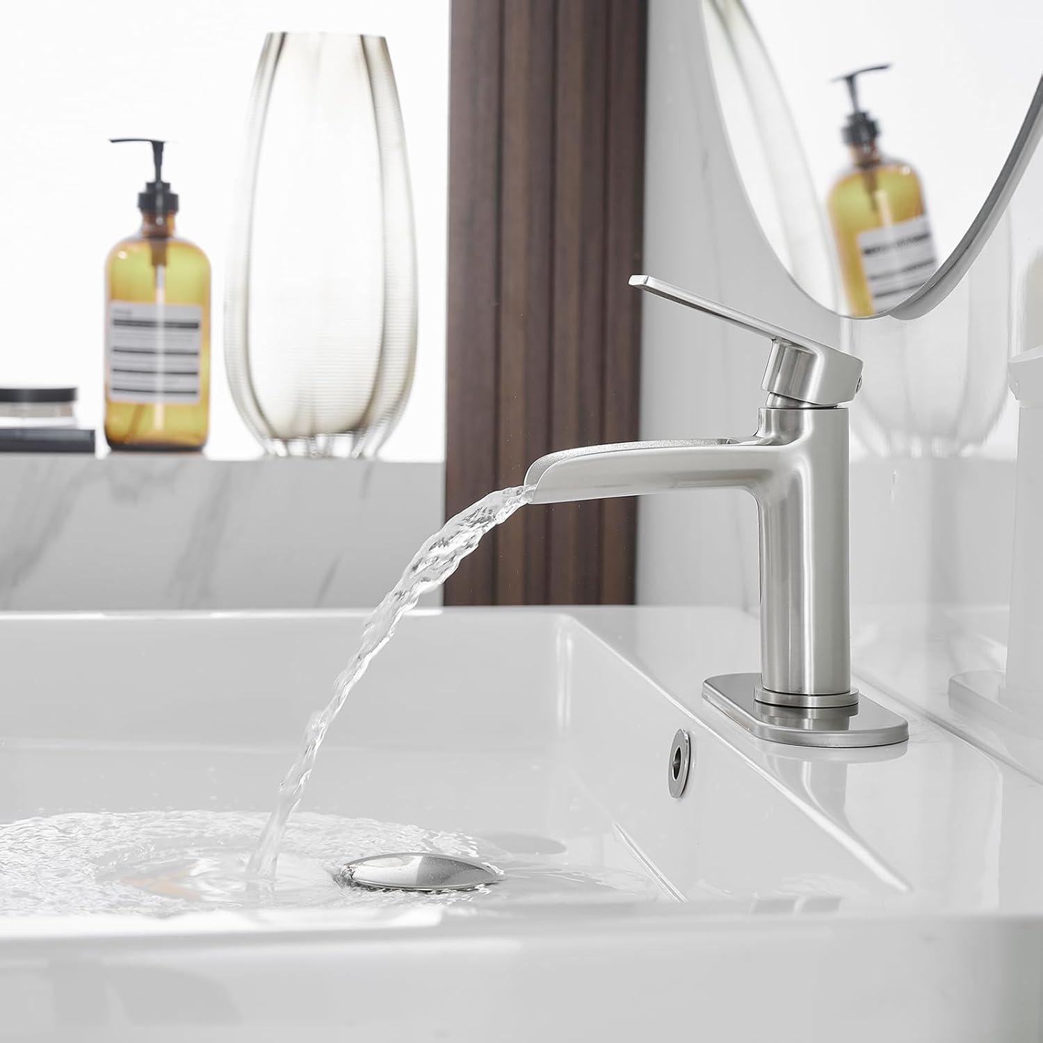 BWE Bathroom Faucets Waterfall Bathroom Faucet with Pop Up Drain for Bathroom Sink Single Hole Farmhouse RV Bathroom Basin Faucet Brushed Nickel