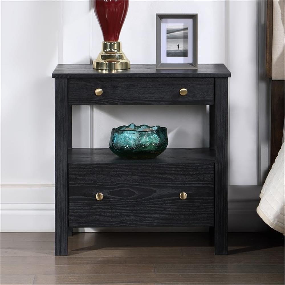 Comfort Pointe Delano Nightstand Black: 2 Drawers, Oak Veneer, Metal Glides, No Assembly Required